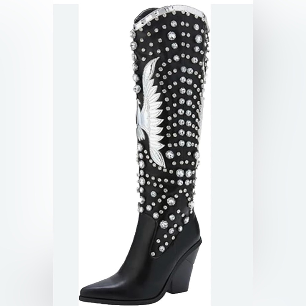 NIB Women's Black Rhinestone Cowboy Boots With Women Eagle Embroidered 7.5